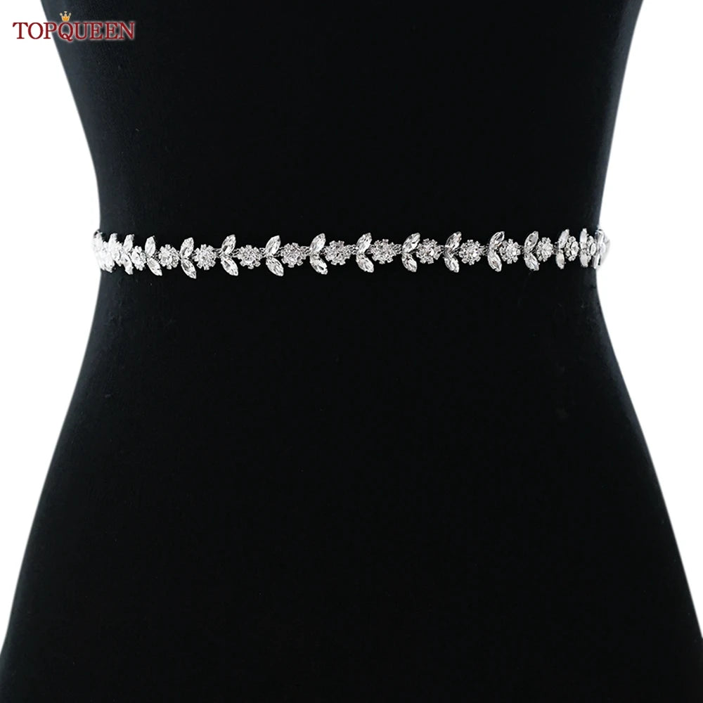 TOPQUEEN Rhinestone Belts for Bridal Dresses Silver Alloy Belt for Girls Cheap Diamond Wedding Belt Fancy Belt for Women S440