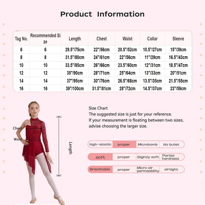 Kids Girl One Shoulder Lyrical Modern Dance Dress Lace Asymmetric Split Ballet Gymnastics Figure Skating Leotard Dress Dancewear