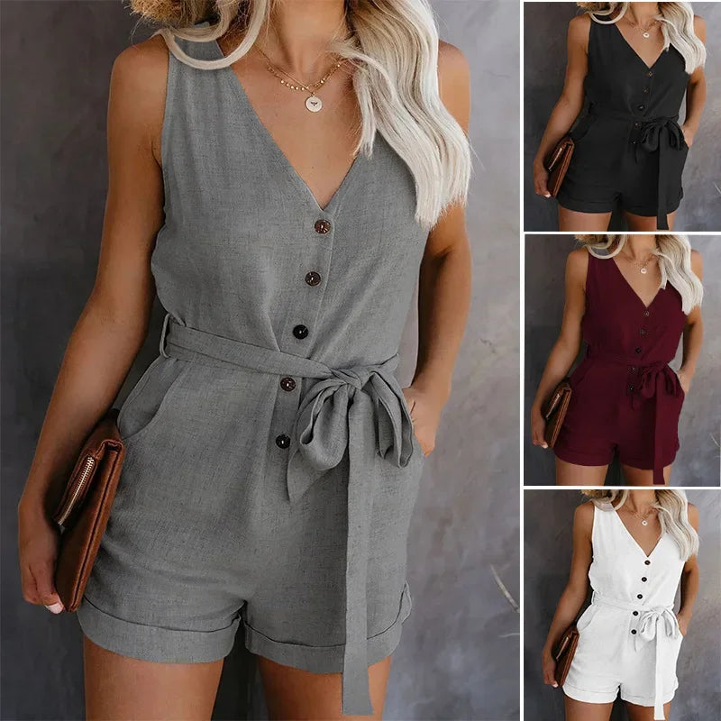 Women's Casual V-neck Monochromatic Jumpsuit, Five-Point Shorts, European and American, Summer, New, 2022