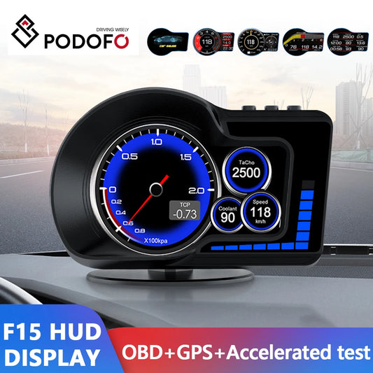 Podofo Car Digital Speedometer OBD2+GPS Head Up Display HUD Turbo Pressure Overspeed Alarm For Universal Fuel Cars After 2007