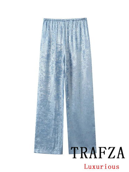 TRAFZA Vintage Chic Women Satin Pants Solid Blue Drawstring Straight Loose Pants Fashion 2024 Spring Summer Holiday Trousers