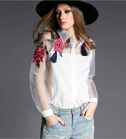 Women Fashion Blusas Elegant Organza Flower Embroidery Long Sleeve Shirt Blouse Casual Tops Plus Size S-3XL