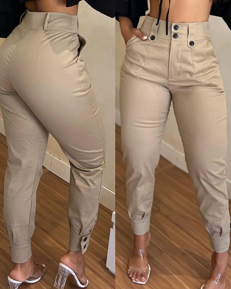 Women Pencil Ankle Length Pants Khaki High Waist Buttoned Pocket Design Cargo Pants Summer Spring Casual Trousers