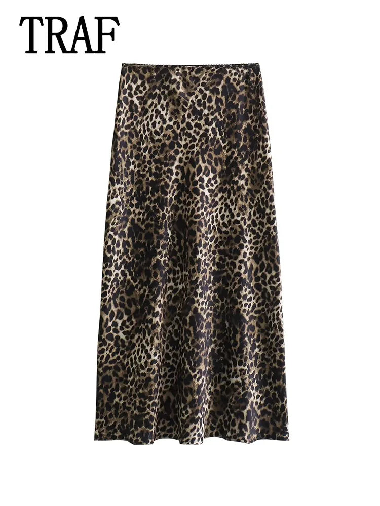 TRAF Women Vintage Chic Leopard Skirt 2024 New Fashion Spring Summer Holiday Women Skirt Women Zipper Long Straight Skirt