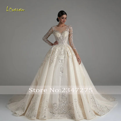 Loverxu Ball Gown Luxury Wedding Dresses 2024 O-Neck Long Sleeve Vestido De Novia Lace Beaded Chapel Train Glamorous Bride Dress