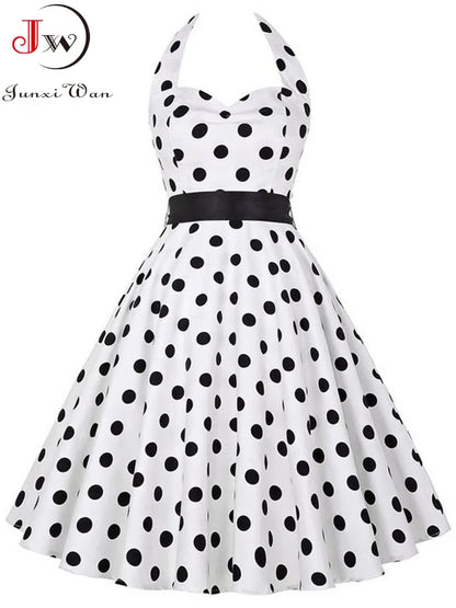 Polka Dot Dress Women Vintage Swing Halter Belt 50s 60s Rockabilly Prom Party Dresses Retro Feminino Vestidos