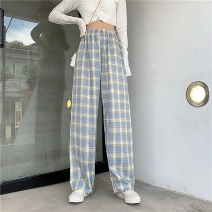 Ladies Plaid Pants Summer Ultra Thin Breathable High Waist Straight Loose Pants Harajuku Hip Hop Street Casual Pants