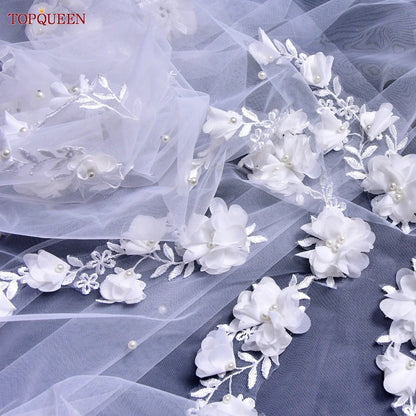 TOPQUEEN V52 3D Flowers Wedding Veil with Pearls  Bridal Veils Long Train Bridal Shower Veu of Bride 3 Meter  Veu de Noiva