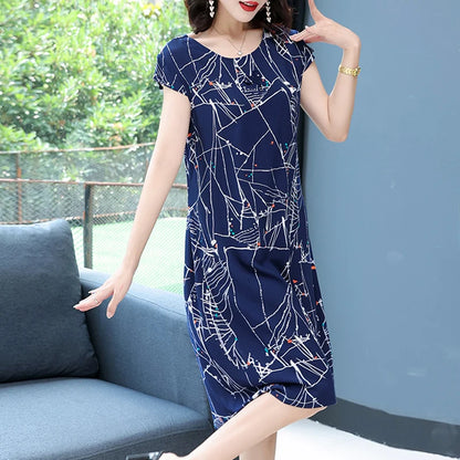 New Hot 2023 Casual Vintage Summer Dress For Women Print Flowers Short Sleeve O-neck Printing Elegant Dresses Women Clothing