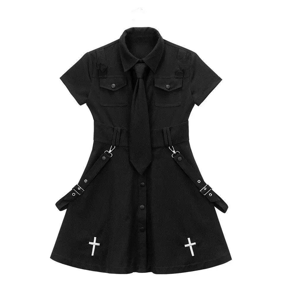 QWEEK Goth Dress Punk Gothic Harajuku Summer Black Mini Dress Shirt Women 2024 Short Sleeve Emo Clothes Mall Goth Dark Academia