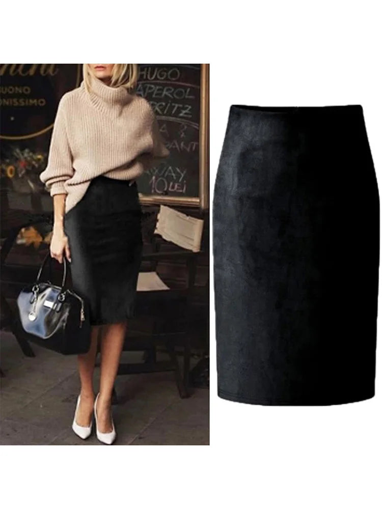 Sexy Multi Color Suede Midi Pencil Skirt Women 2024 Fashion Elastic High Waist Office Lady Bodycon Skirts Saias