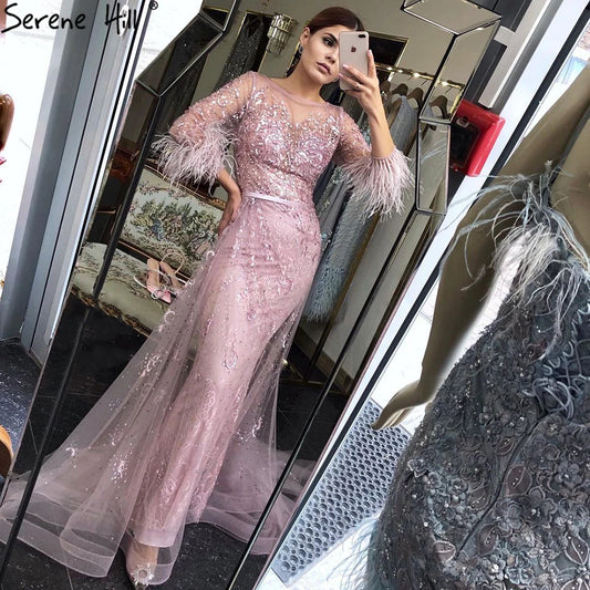 Serene Hill Wine Pink Mermaid Elegant O-Neck With Overskirt Evening Dress Luxury Beaded Feathers 2024 Women Party LA70827