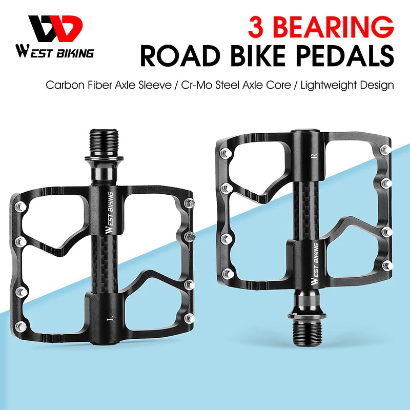 WEST BIKING 3 Bearings Bicycle Pedal Ultralight Carbon Fiber Axle Hollow Pedal Road Cycling Anti-slip Footboard Bike Accessories