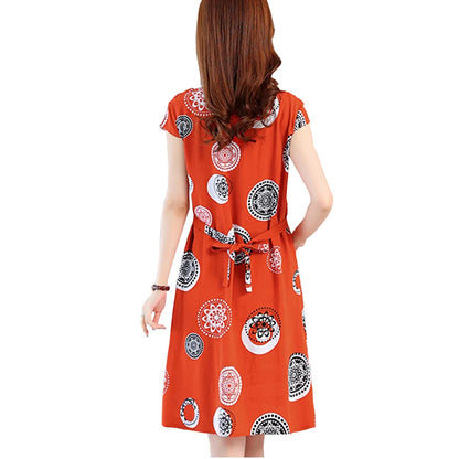 New Hot 2023 Casual Vintage Summer Dress For Women Print Flowers Short Sleeve O-neck Printing Elegant Dresses Women Clothing