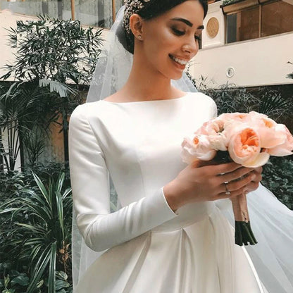 Vestidos De Novia Simple Vintage White Satin Wedding Dress Plus Size Long Sleeves Princesa Bridal Gown Custom Made Robe Mariée