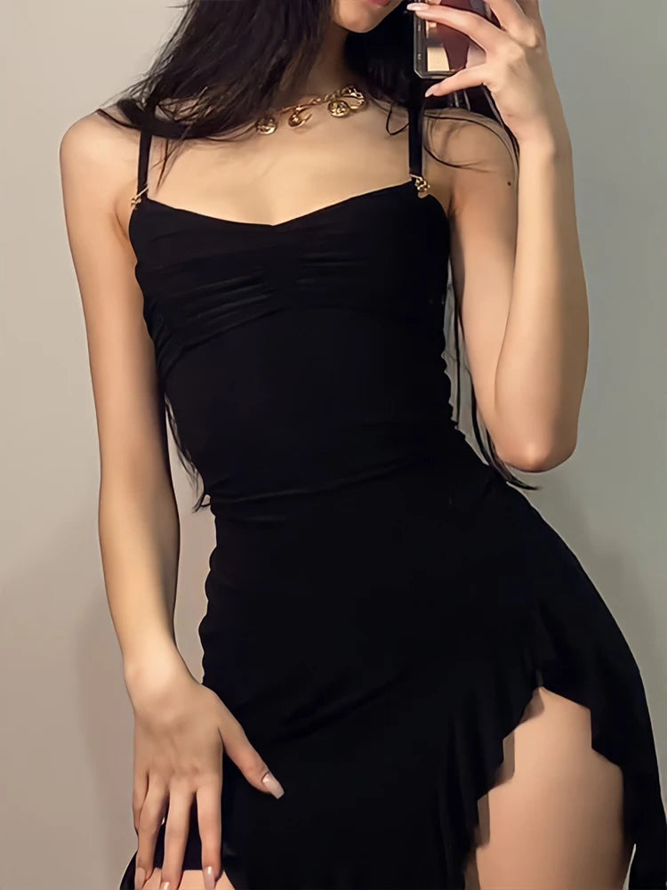 Sexy Mini Dress Women Summer New Black Sleeveless Strap Backless Folds Bodycon Split Dress Streetwear Elegant Party A-LINE Dress