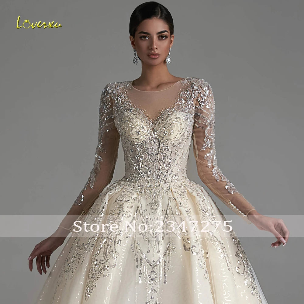 Loverxu Ball Gown Luxury Wedding Dresses 2024 O-Neck Long Sleeve Vestido De Novia Lace Beaded Chapel Train Glamorous Bride Dress