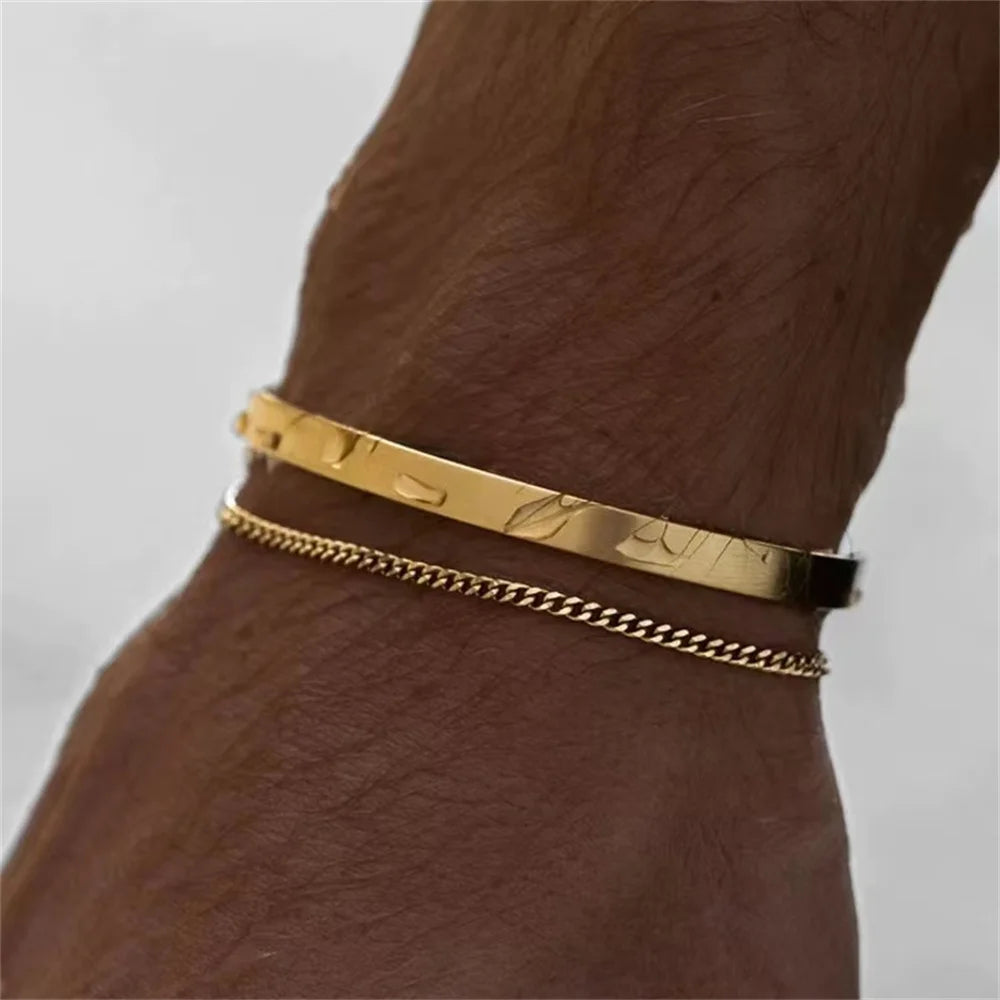 4MM Stainless Steel Gold Color Men Cuff Bracelet Simple Opening Adjustable Bracelet Bracelet For Women Hip Hop Jewelry