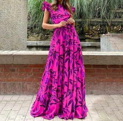 Womens Dresses 2024 Spring New Fashion Printed Temperament Flying Sleeves High Waist Casual Long Dress