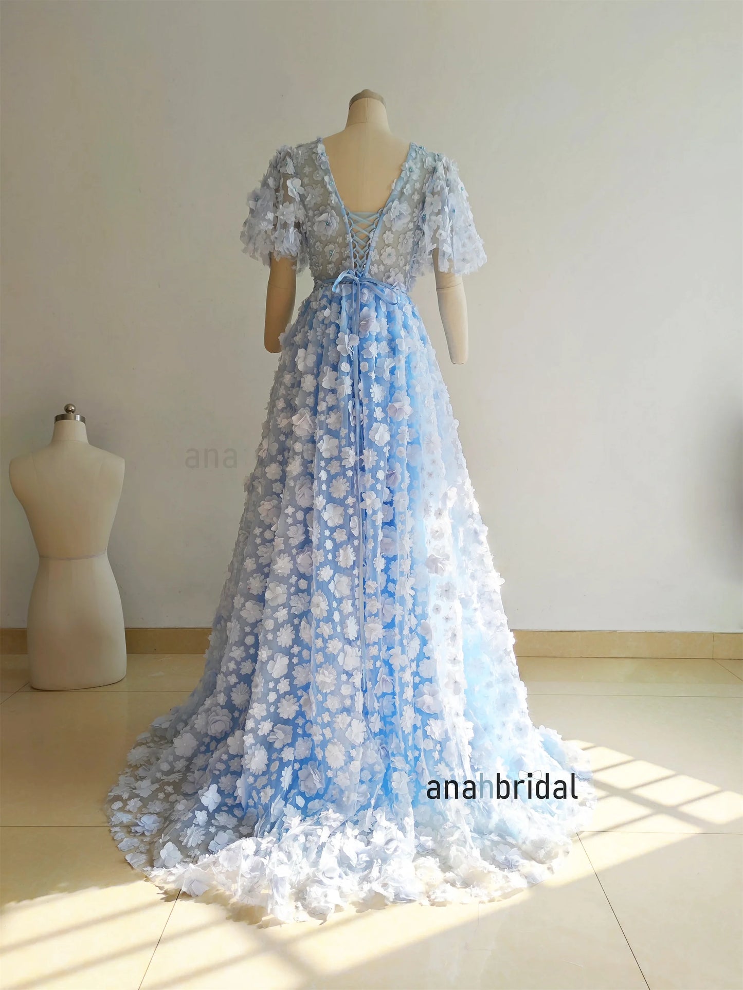 Sky Blue Floral Lace Wedding Dress / Deep V Neckline Anniversary Party Dresses/Prom DressCustom Sizes/Colors