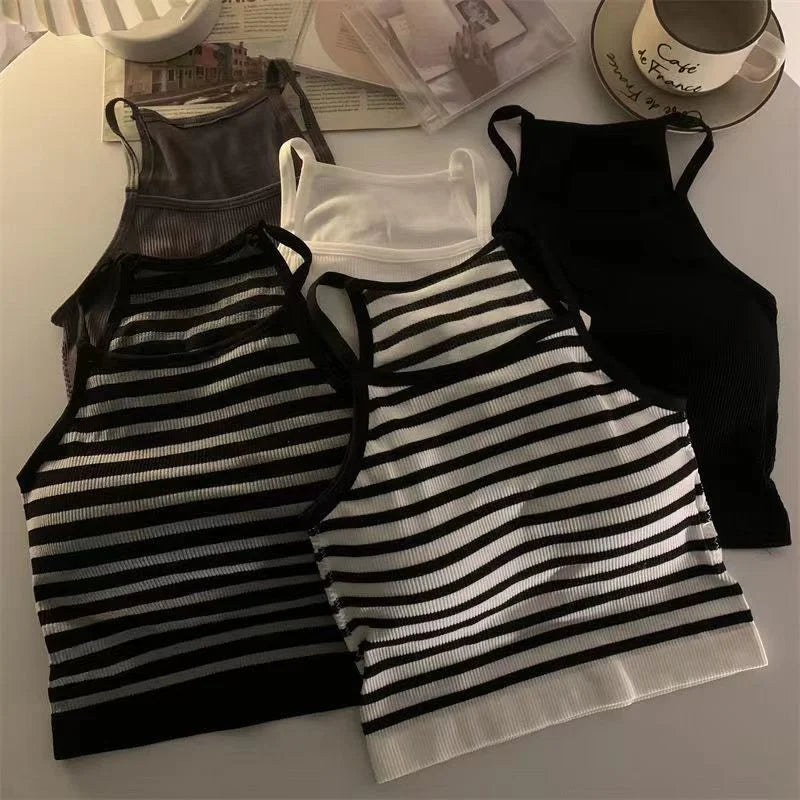 Korean Version Women Tank Tops Thread Solid Casual Fashion Crop Top with Chest Pad Stripe Sleeveless Outer Wear Basic Camisole