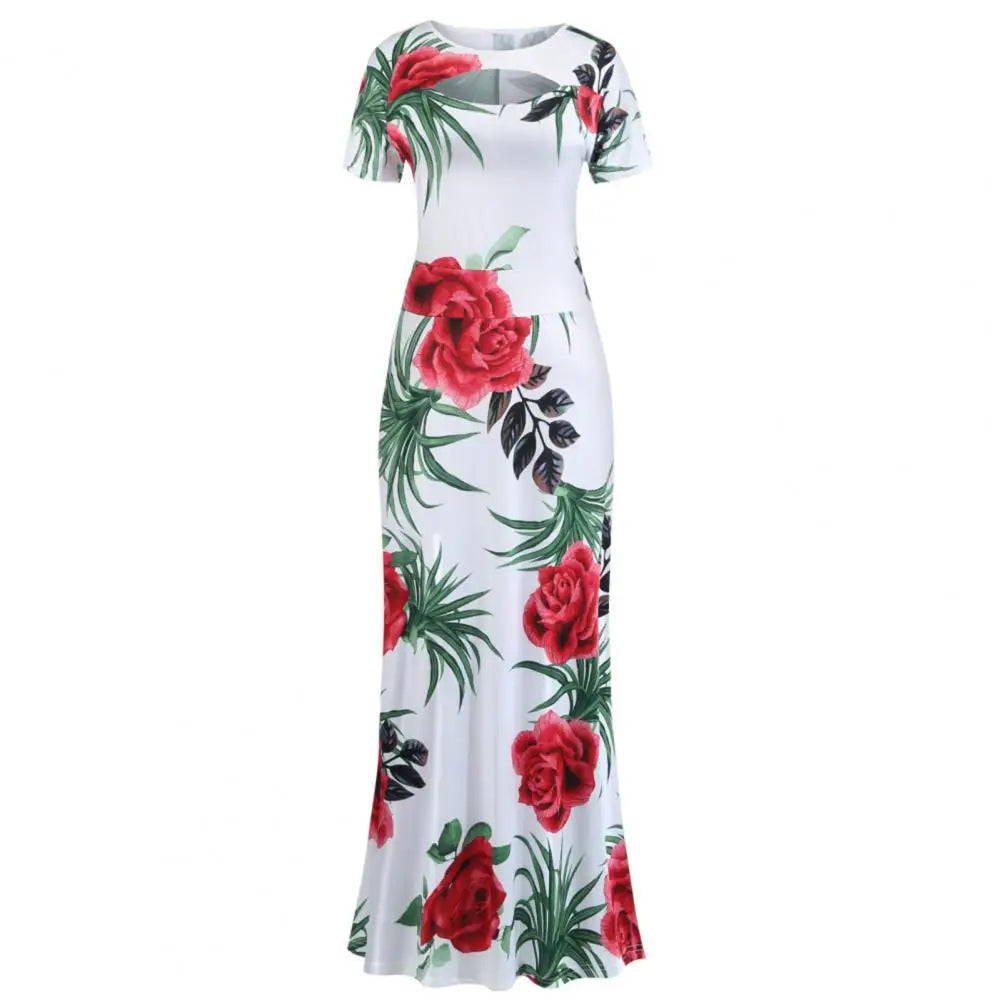 Women Party Dress Floral Print Tight Waist Design Short Sleeve Ladies Long Dress