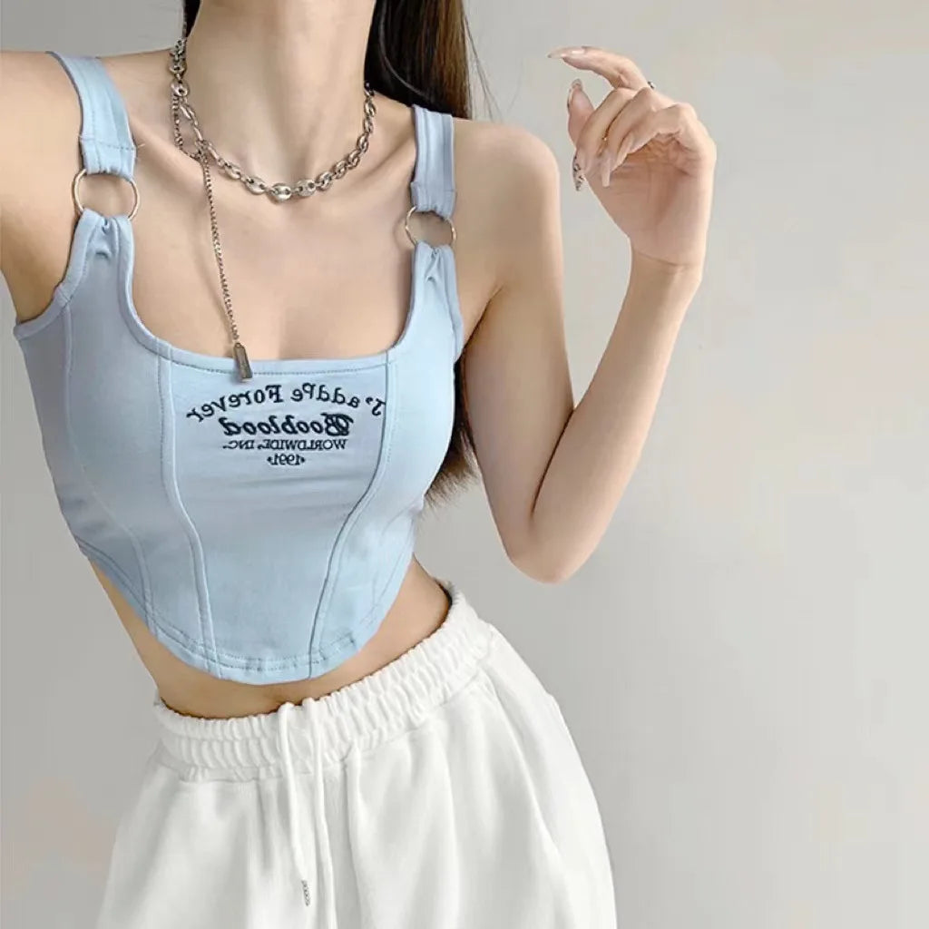 Striped bra pad sexy tank top Y2K solid color short women's T-shirt tank top exposed navel top sleeveless exposed navel top tank