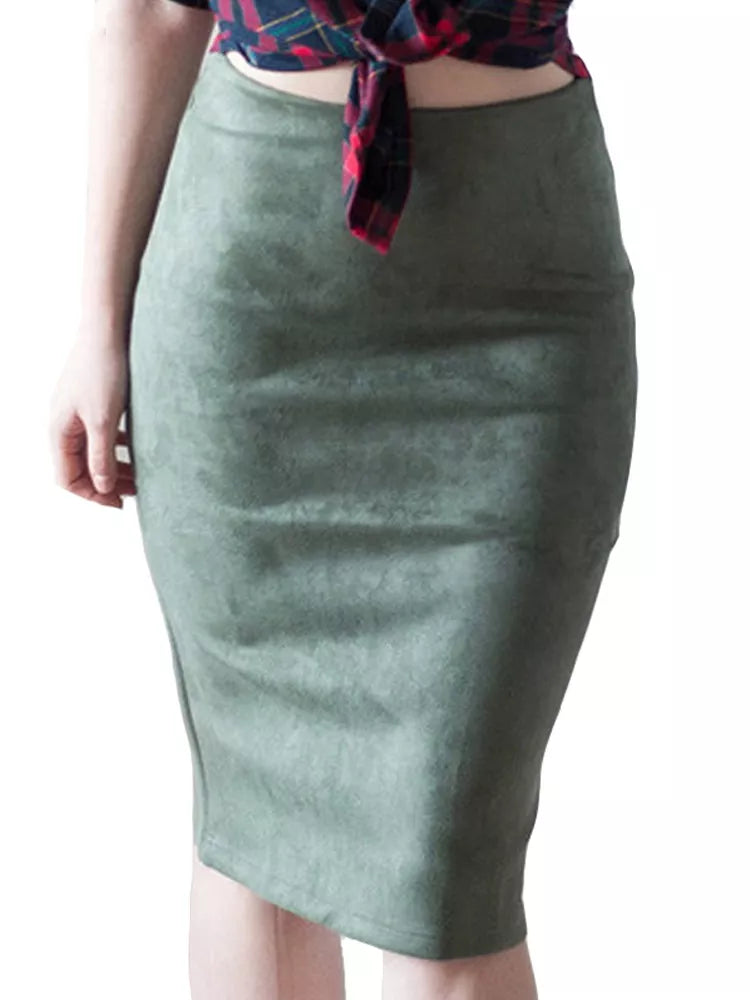 Fashion Empire Skirts 2024 Spring Faux Suede Pencil Skirt High Waist Bodycon Split Thick Stretchy Skirts