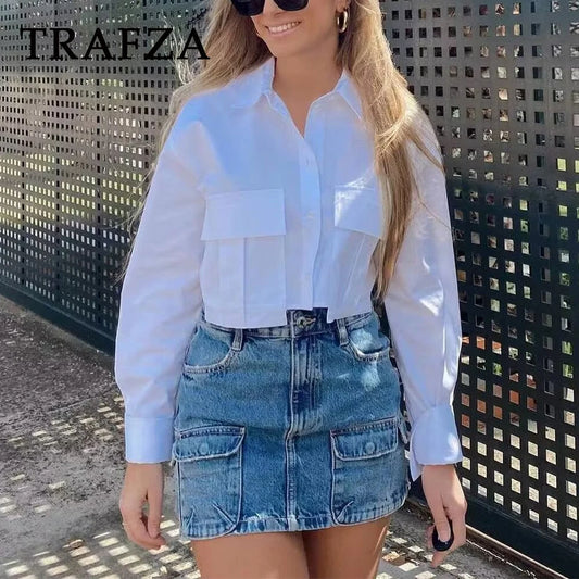 TRAFZA 2024 Women Office Lady Solid Shirt Loose Pockets Short Shirt Single Breasted Blouses Casual Fashion Women Solid Shirts