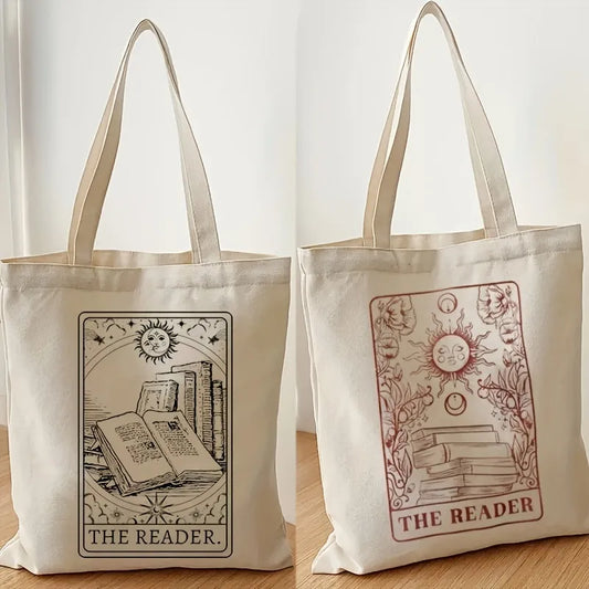 Vintage The Reader Pattern Canvas Shoulder Bag, Lightweight  Sun Pattern Shopper Bag, Versatile Storage Bag