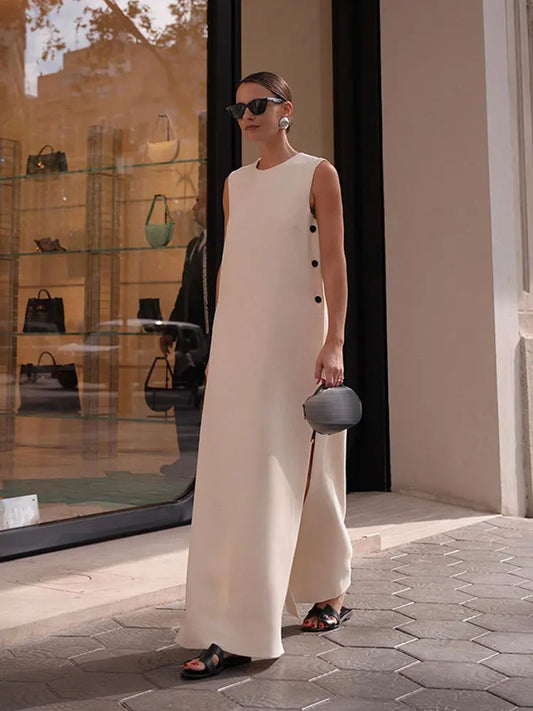 Women Button Split Sleeveless Maxi Dress Elegant O-neck Off Shoulder Loose Long Robes 2024 New Female High Street Vestidos