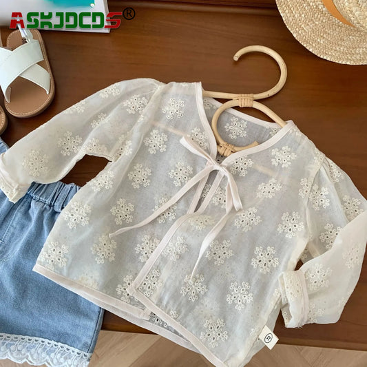 2024 Simple Girl Floral Air-conditioned Top Thin Outerwear Baby 0-6 Years-Children Hollowed-out Cardigan Shirt for Summer