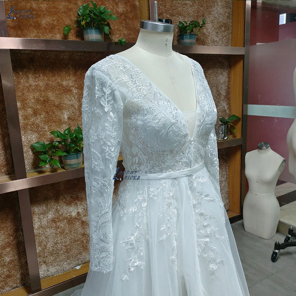 Romantic A-line Wedding Dress 2023 For Women Grace Flowers Embroidery Bridal Gowns Long Sleeves Bride Split vestido de noiva