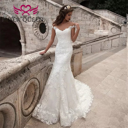 Short Cap Sleeves Countryside Meramid Wedding Dresses For Women 2024 New Design Illusion Back Sweet Train Wedding Dress W0545