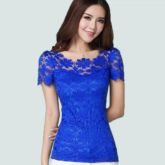 Summer Women Sexy Floral Lace Slim Blouses Shirts Ladies Elegant Casual Short Sleeve Tee Tops Blusas Plus Size blouse S-5XL