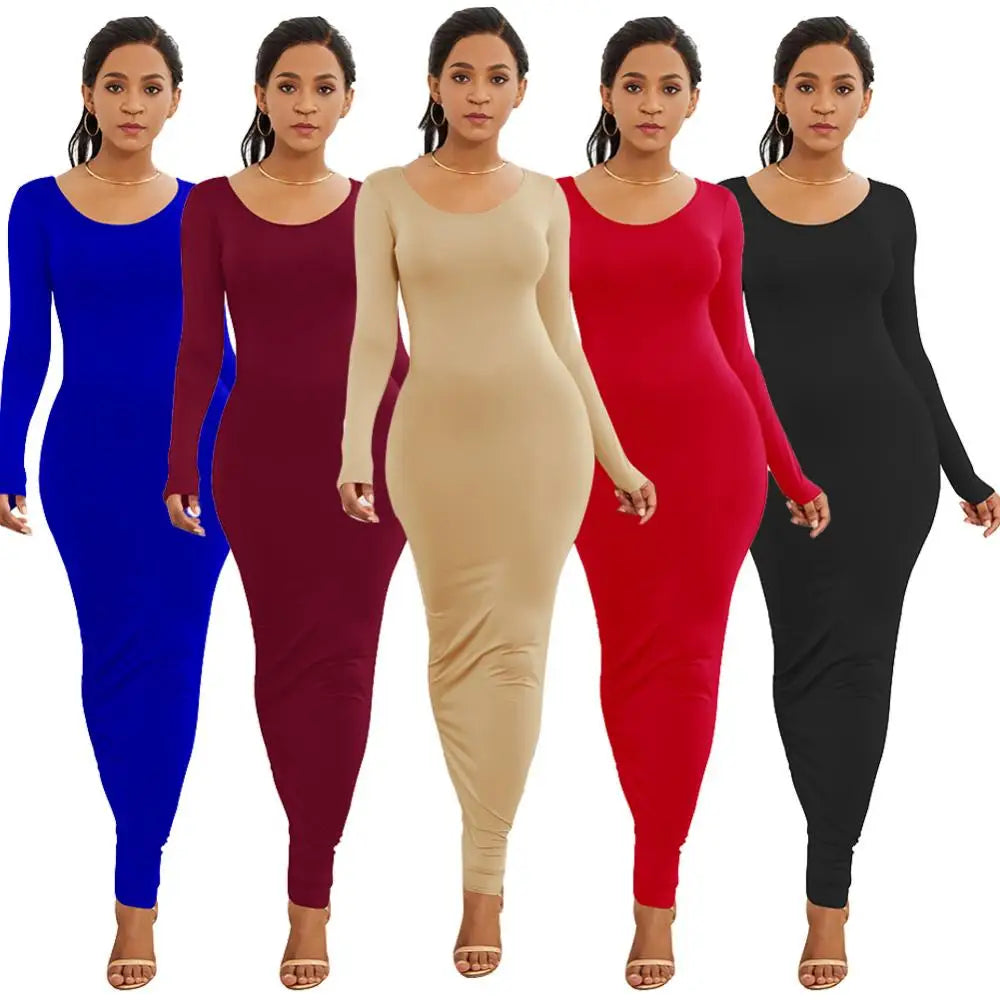 Sexy Long Dress Women Long Sleeve Round Neck Bodycon Maxi Dress evening party Dresses