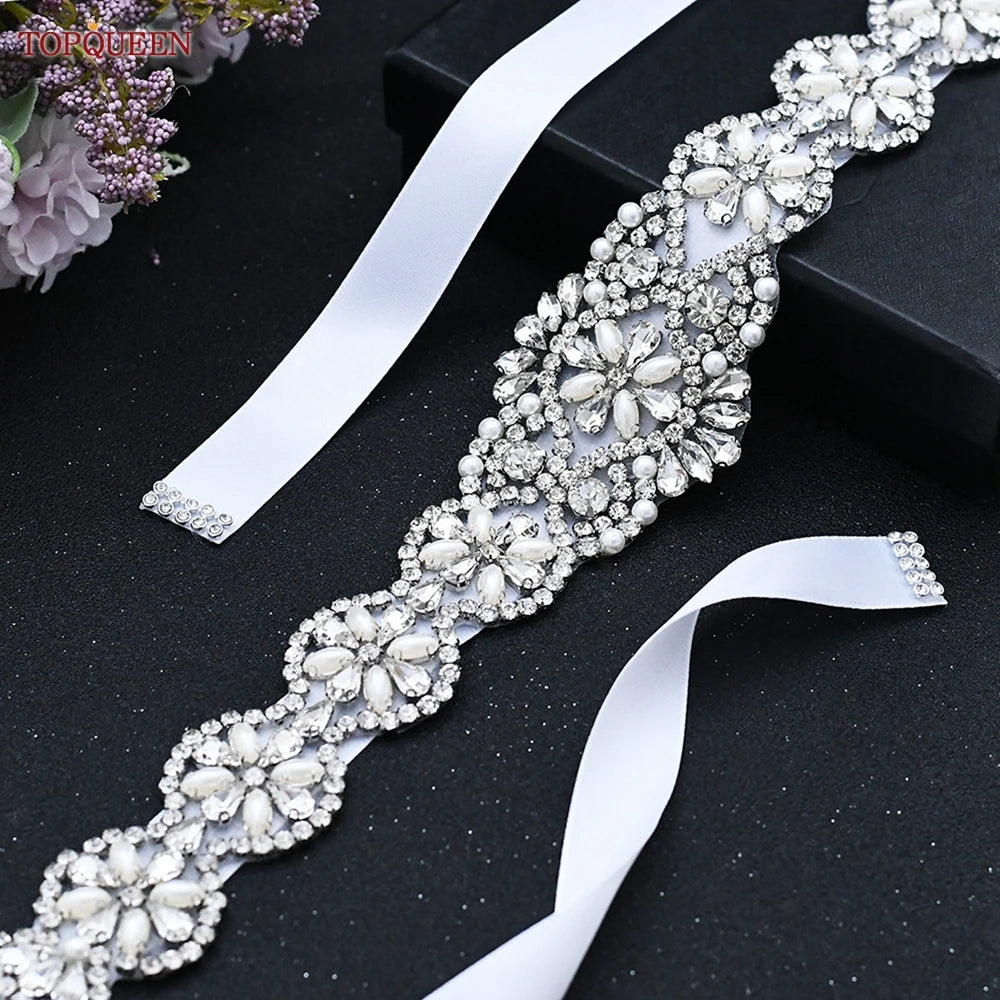 TOPQUEEN Bridal Belts Bling Wedding Women Jewelry Silver Rhinestone Pearl Crystal Sparkly Party Formal Dress Diamond Sash S161