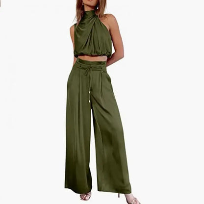 Women Cro Top Pants Set Sleeveless High Collar Pleated Short Top Drawstring High Waist Wide Leg Loose Trousers Set