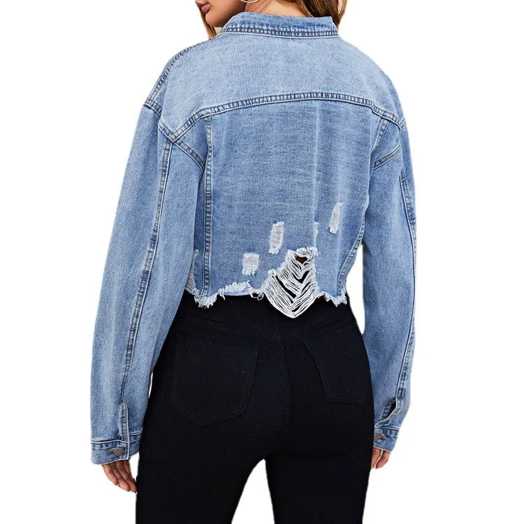 European and American Women's Outerwear Fashion Denim Jacket Hole Torn Wish Short Casual Street Clothing Denim Jacket