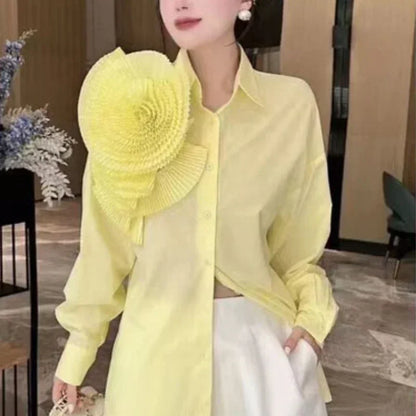 OCEANLOVE Solid Spring Autumn Shirts&blouses 3D Flowers Vintage Korean Fashion Women Tops Elegant Sweet Party Blusas Mujer