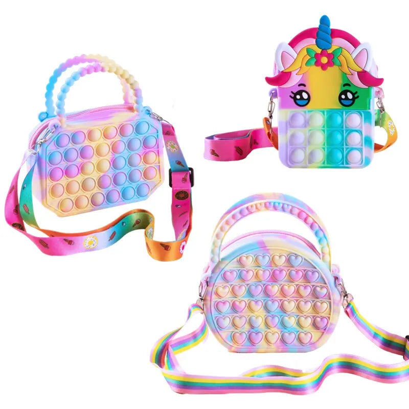 Sac à main Pop en silicone pour enfants, sac à bulles mentaires oriel, sac à bandoulière, jouets anti-stress, Charleroi ver m.com tism, poudres de monnaie