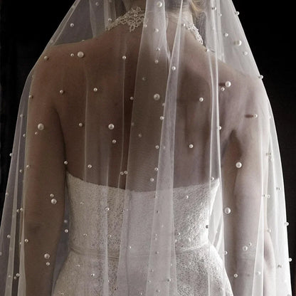 Pearls Bridal Veil 2 Tiers Blusher Wedding Veil Drop Veil Face-Covered With Comb White/Ivory Velos de Noiva Bead Cathedral 300cm