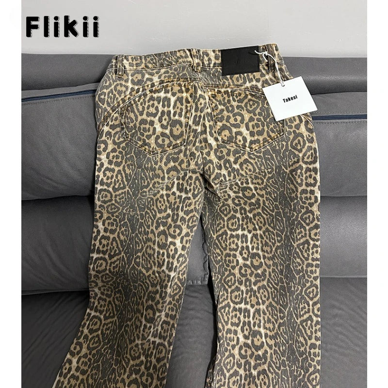 American Retro Leopard High Waist Baggy Jeans Women's Casual Pockets Hip-hop Pants 2024 Spring Y2K Oversiz Panther Denim Trouser