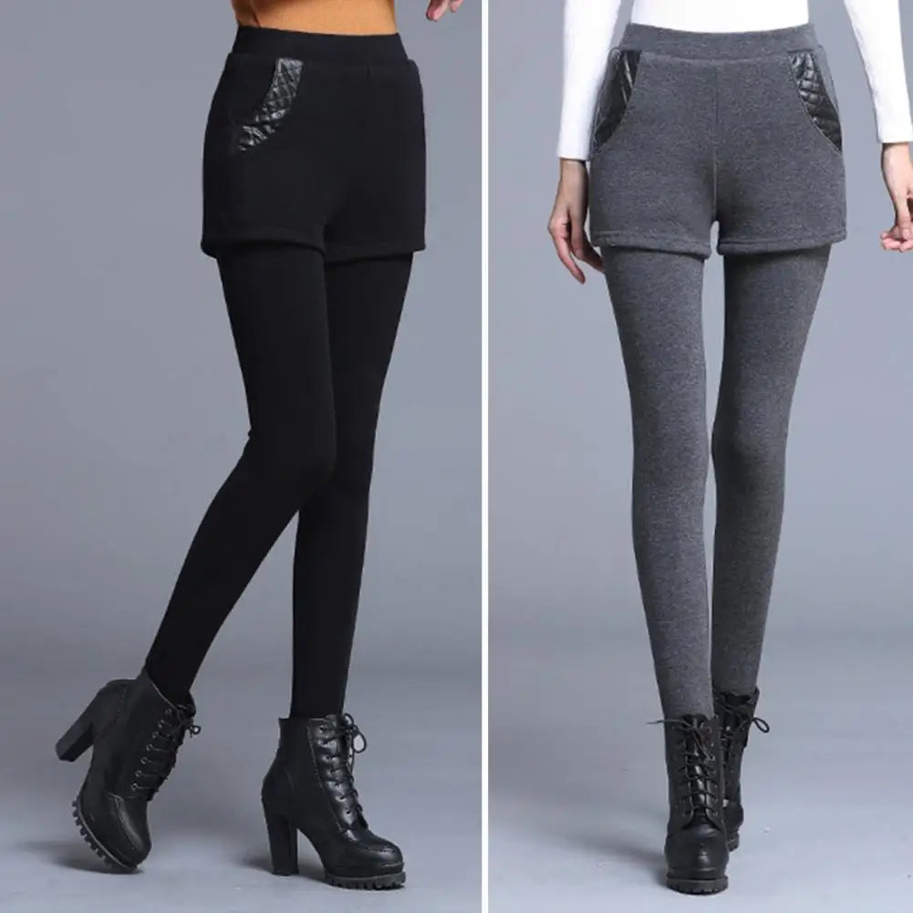 Fake Two Piece Leggings Shorts Women High-Waist Elastic Waistband Pockets Thickened Fleece Lining Leggings Skirt