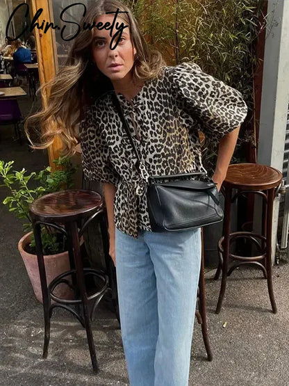 Bow Leopard Print Women Top Fashion Short Lantern Sleeve O-neck Loose Hollow Out Female Tops 2024 Sping Summer Lady Shirt