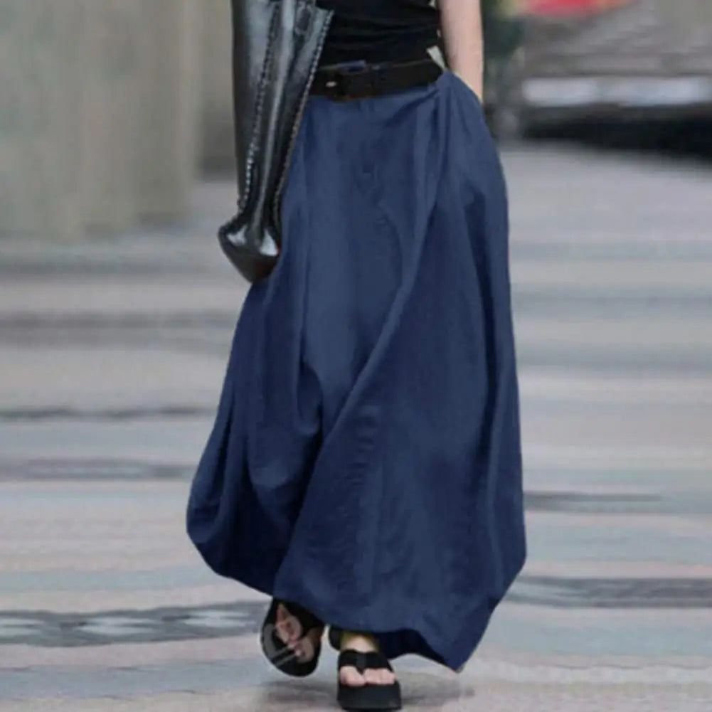 Women Maxi Skirt Elastic Waist Button Fly A-Line Skirt Solid Color Large Swing Hem Long Dance Skirt Streetwear