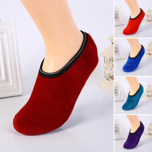 1 Pair Winter Floor Socks Non-slip Rough Sole Thicken Padded Washable Keep Warm Low Tube Contrast Color Women Socks Home Wear So