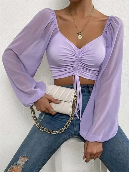 2023 Woman’s Tops Puff Sleeve Sexy Close-Fitting Summer and Spring Lace up V-neck Fashion Solid Color Simple Long Sleeve Hot