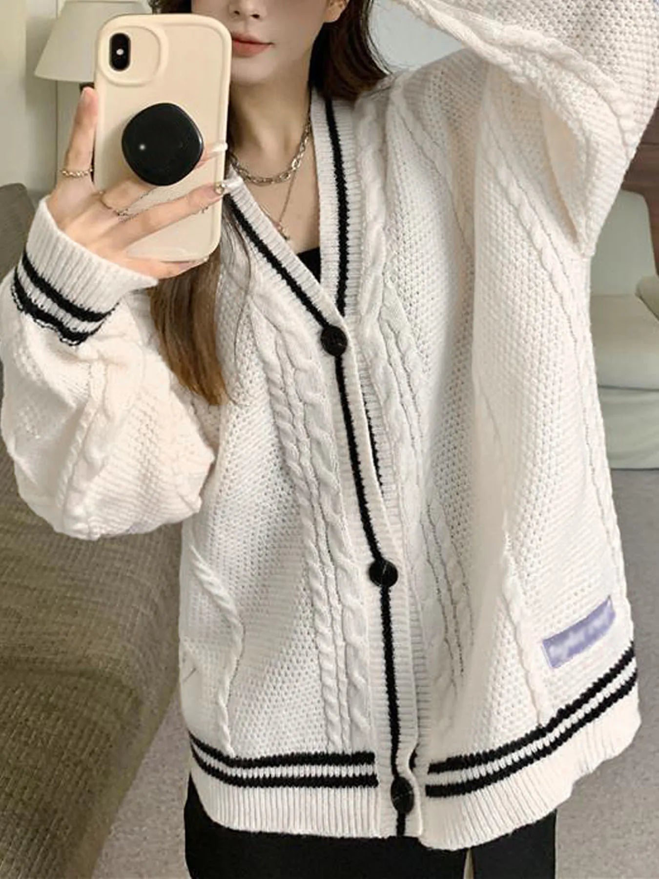 Women's Star Embroidered Single Breasted V-Neck Knit Cardigan Y2K Contrast Striped Sweater Cardigan Outwear