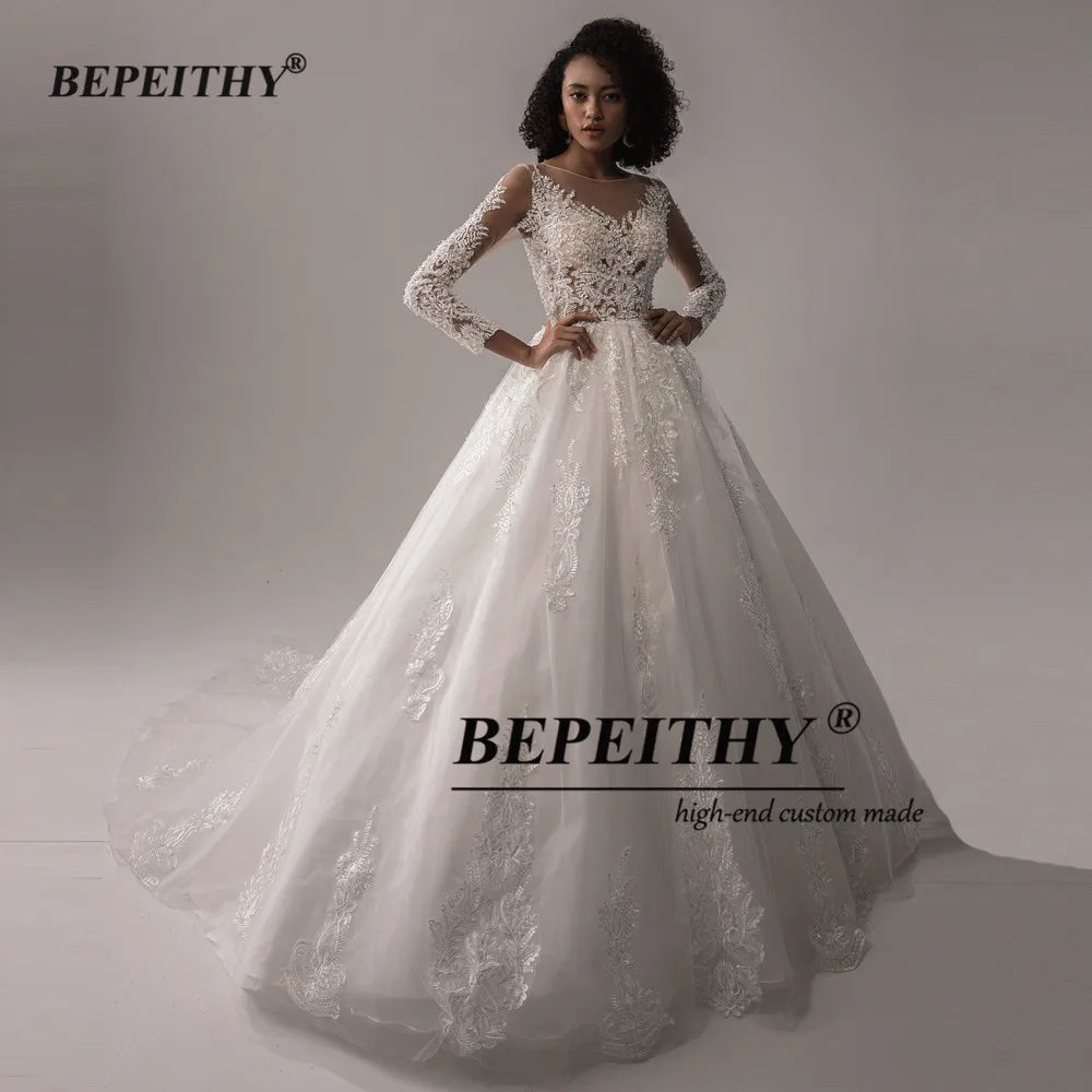 BEPEITHY Lace Wedding Dresses For Women 2023 Spring Princesss Vintage O Neck Long Sleeves Bridal Ball Gown Vestidos De Novias